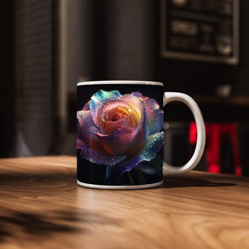 Rainbow Rose Glitter Drops Dark Background – Mugs