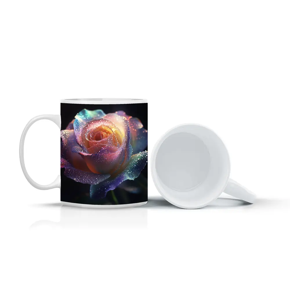 Rainbow Rose Glitter Drops Dark Background – Mugs