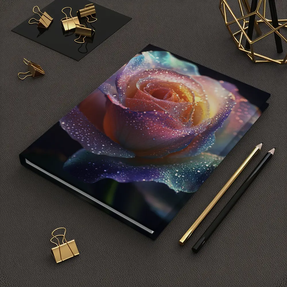 Rainbow Rose Glitter Drops Dark Background – Notebooks