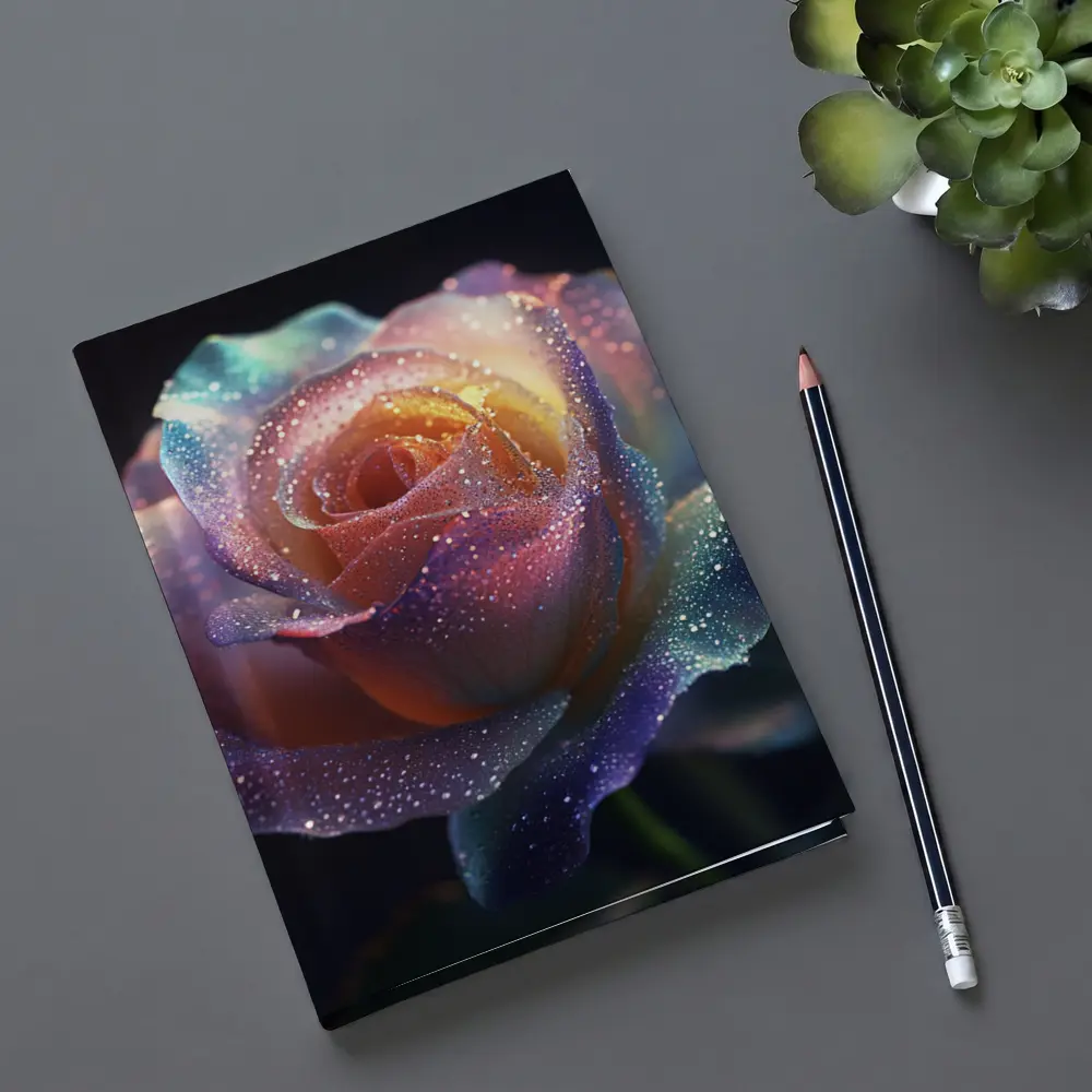 Rainbow Rose Glitter Drops Dark Background – Notebooks