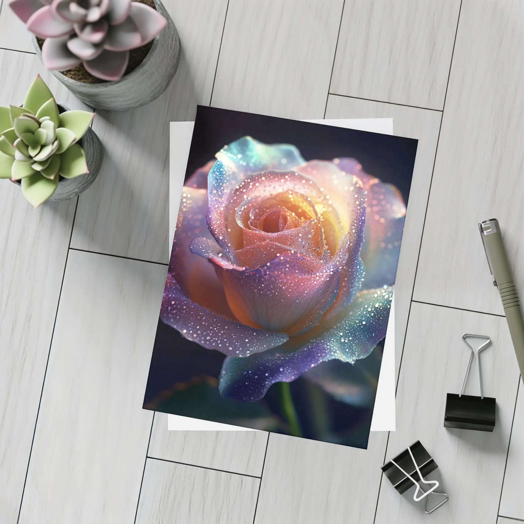 Rainbow Rose Glitter Drops Dark Background – Postcards