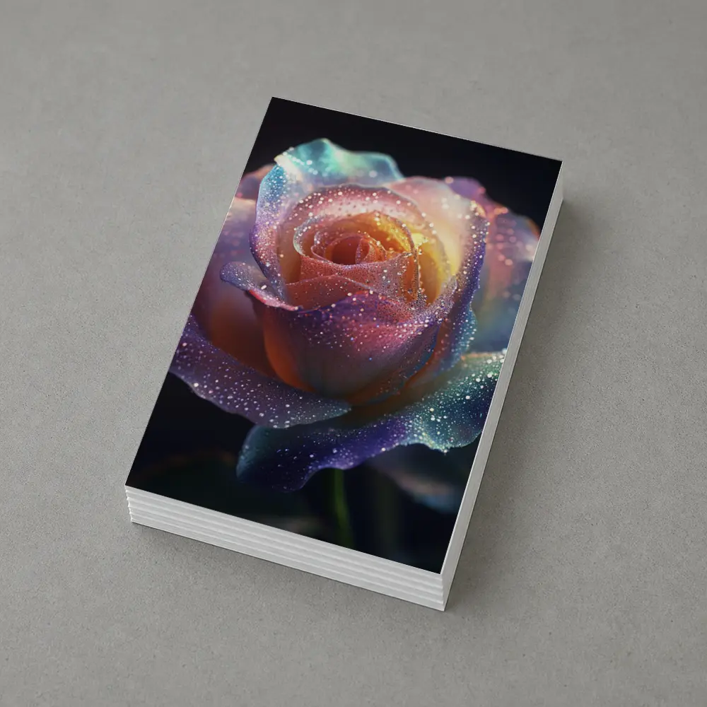 Rainbow Rose Glitter Drops Dark Background – Postcards