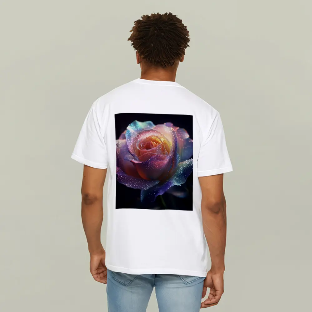 Rainbow Rose Glitter Drops Dark Background – T-Shirts