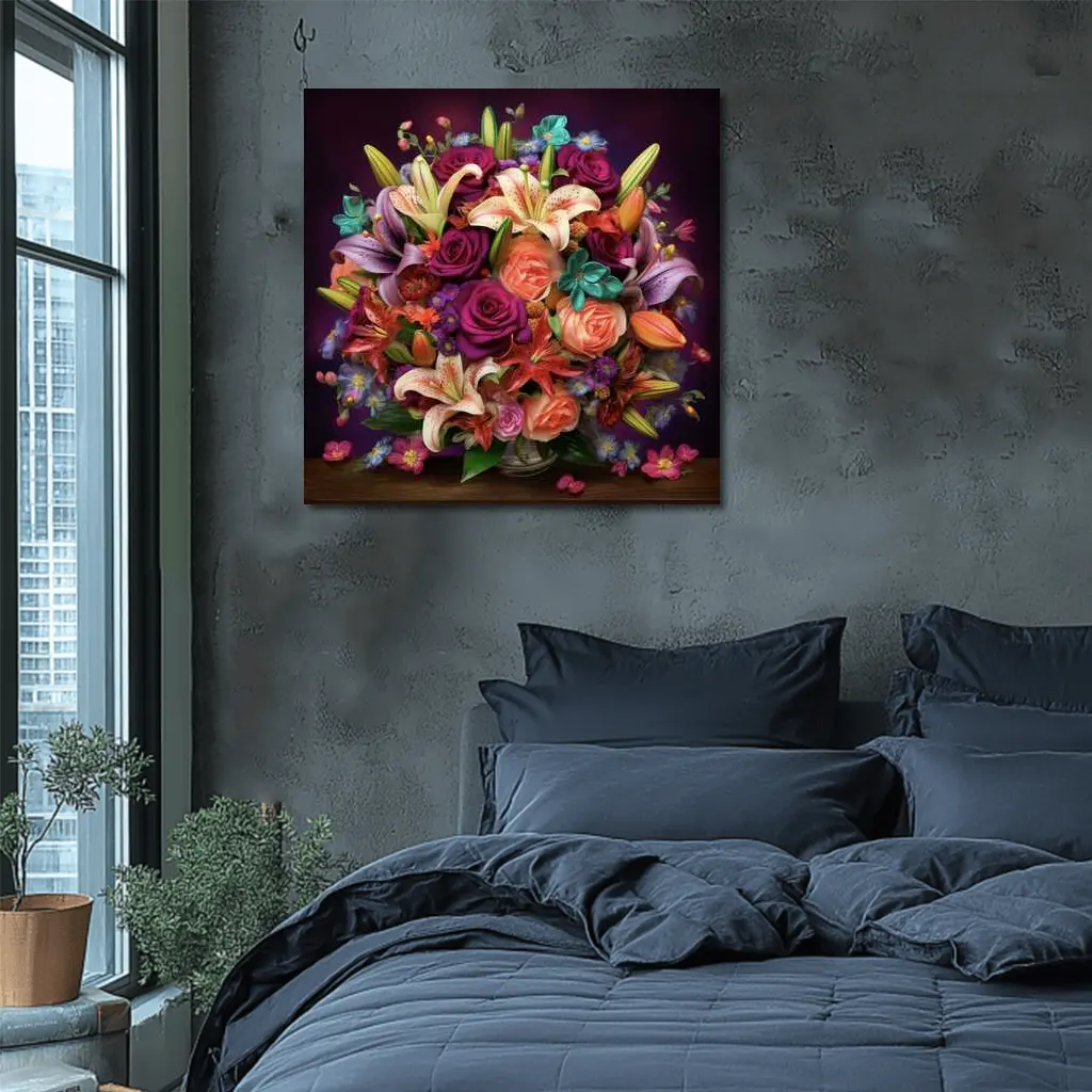 Roses Lilies Mixed Bouquet Dark Purple Background – Wall Art