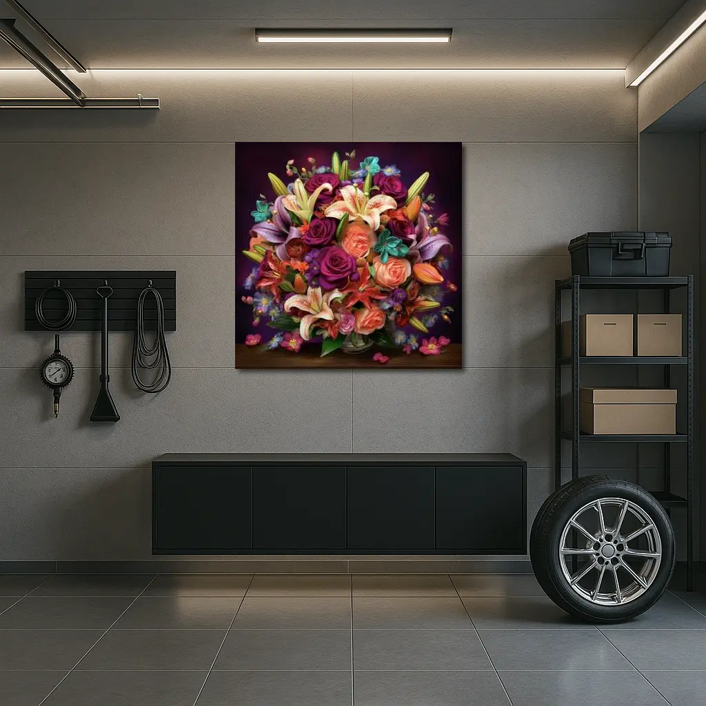 Roses Lilies Mixed Bouquet Dark Purple Background – Wall Art