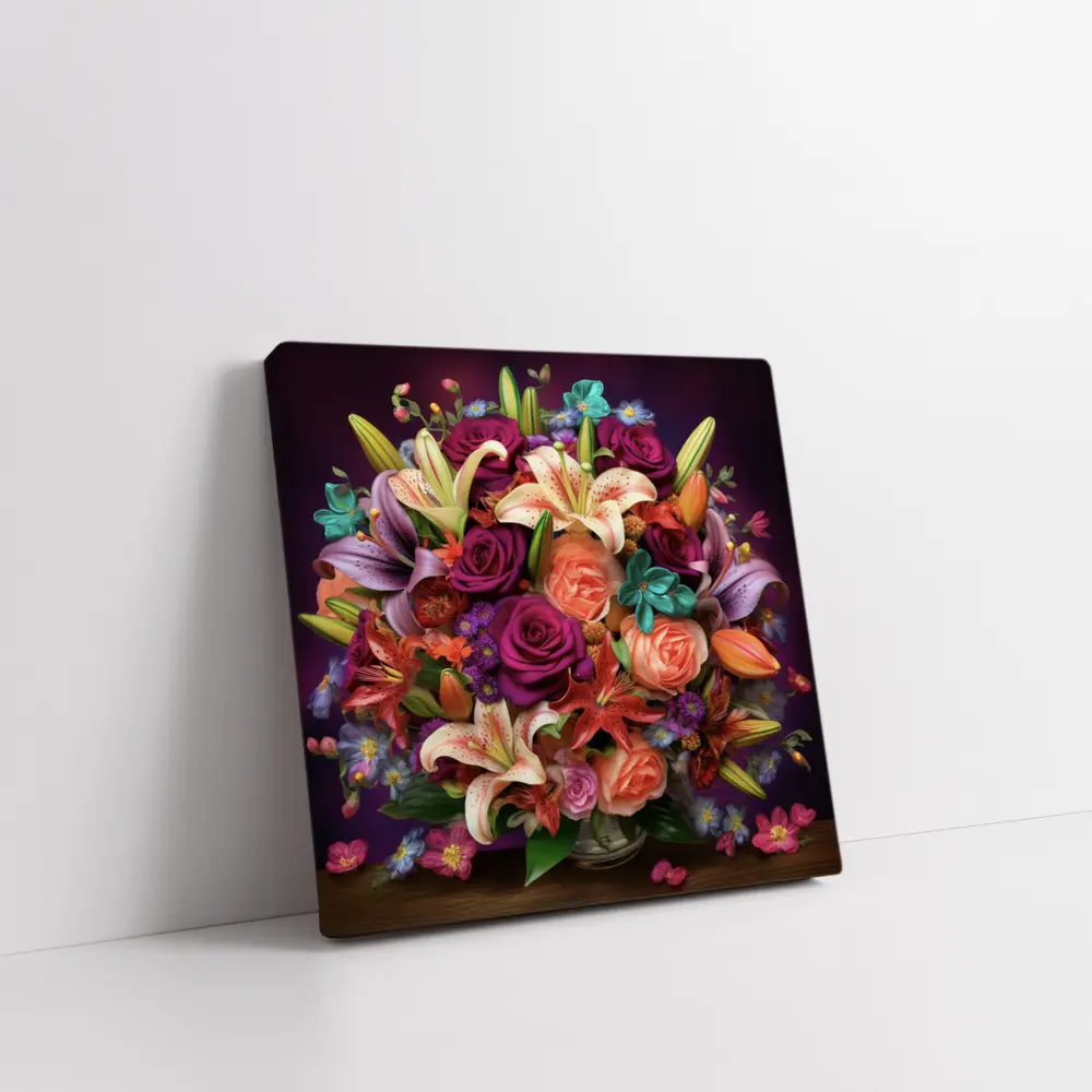 Roses Lilies Mixed Bouquet Dark Purple Background – Wall Art