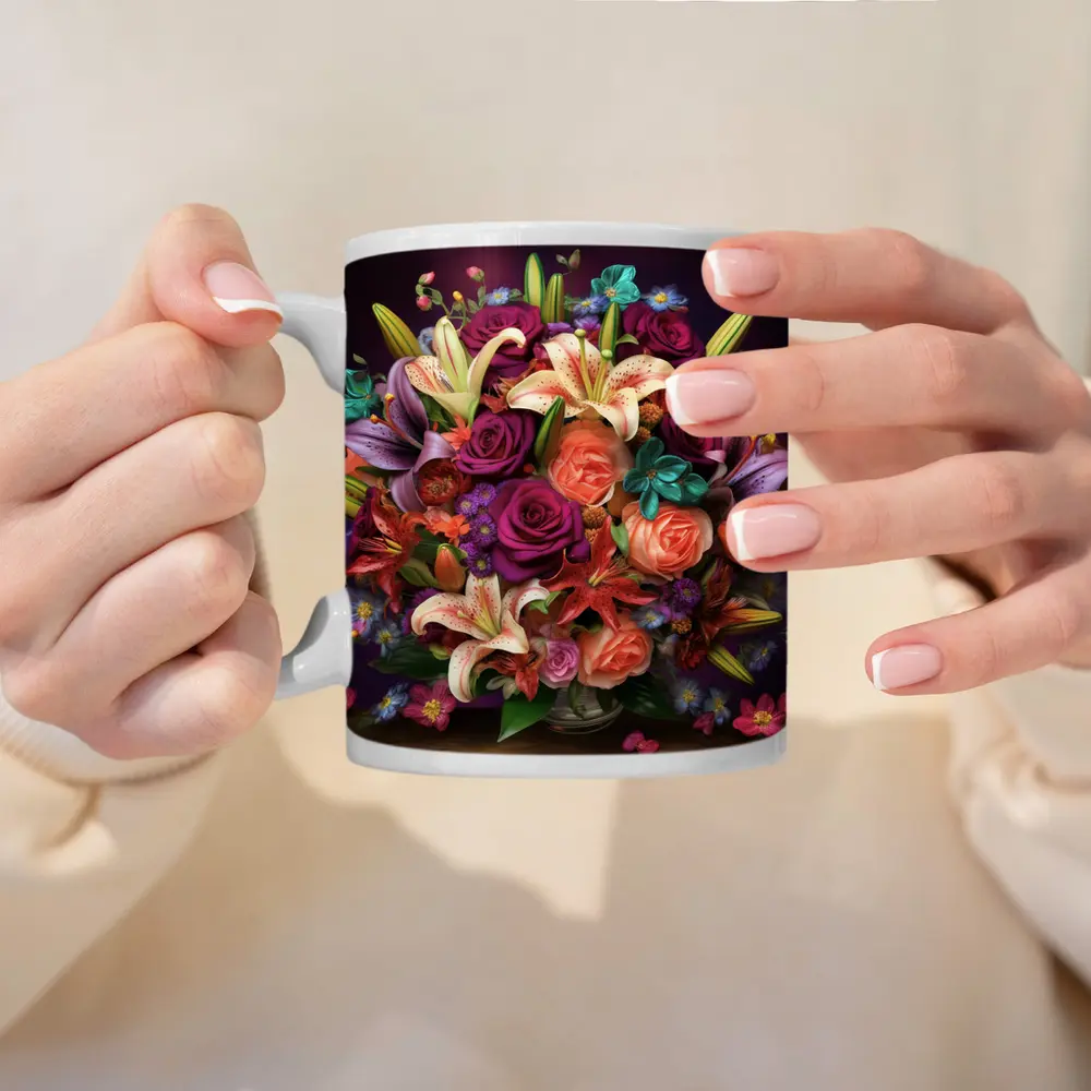 Roses Lilies Mixed Bouquet Dark Purple Background – Mugs