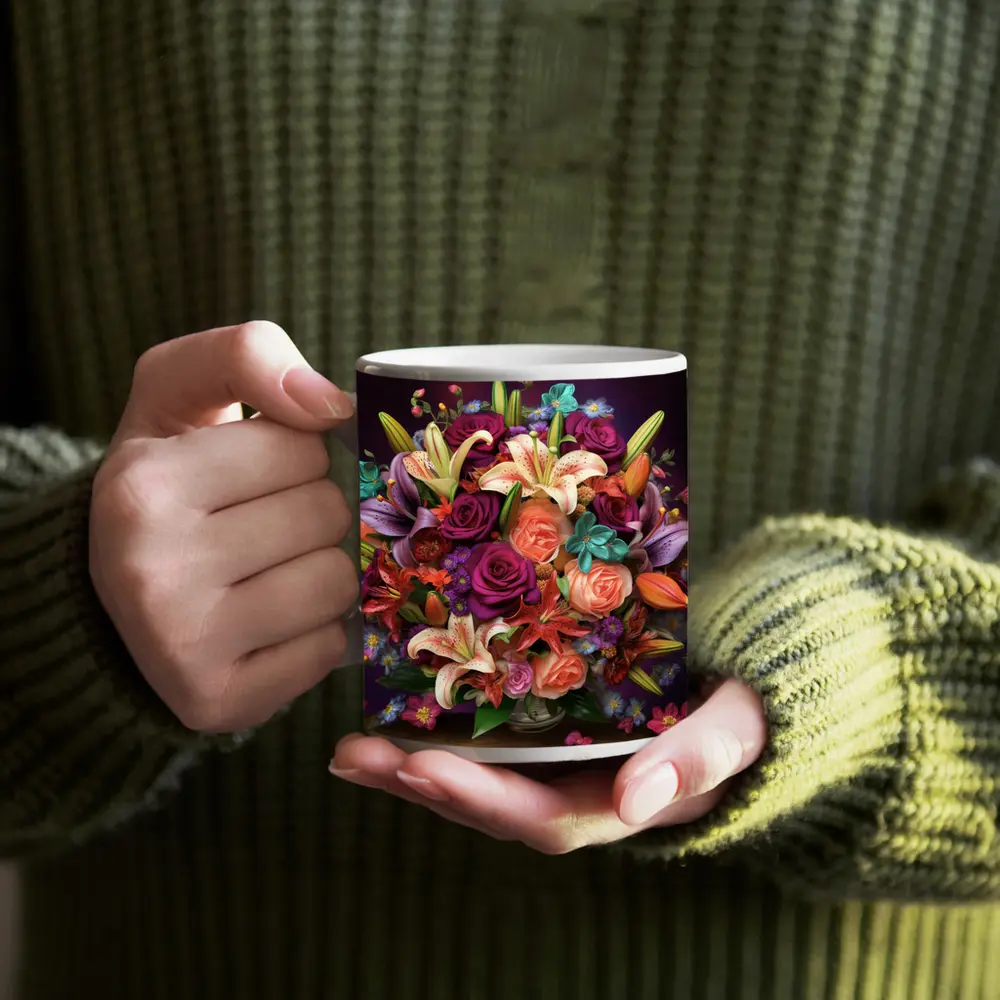 Roses Lilies Mixed Bouquet Dark Purple Background – Mugs