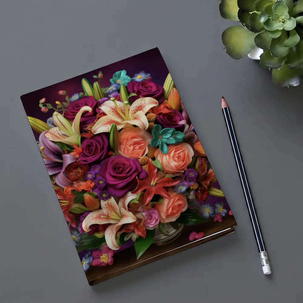 Roses Lilies Mixed Bouquet Dark Purple Background – Notebooks