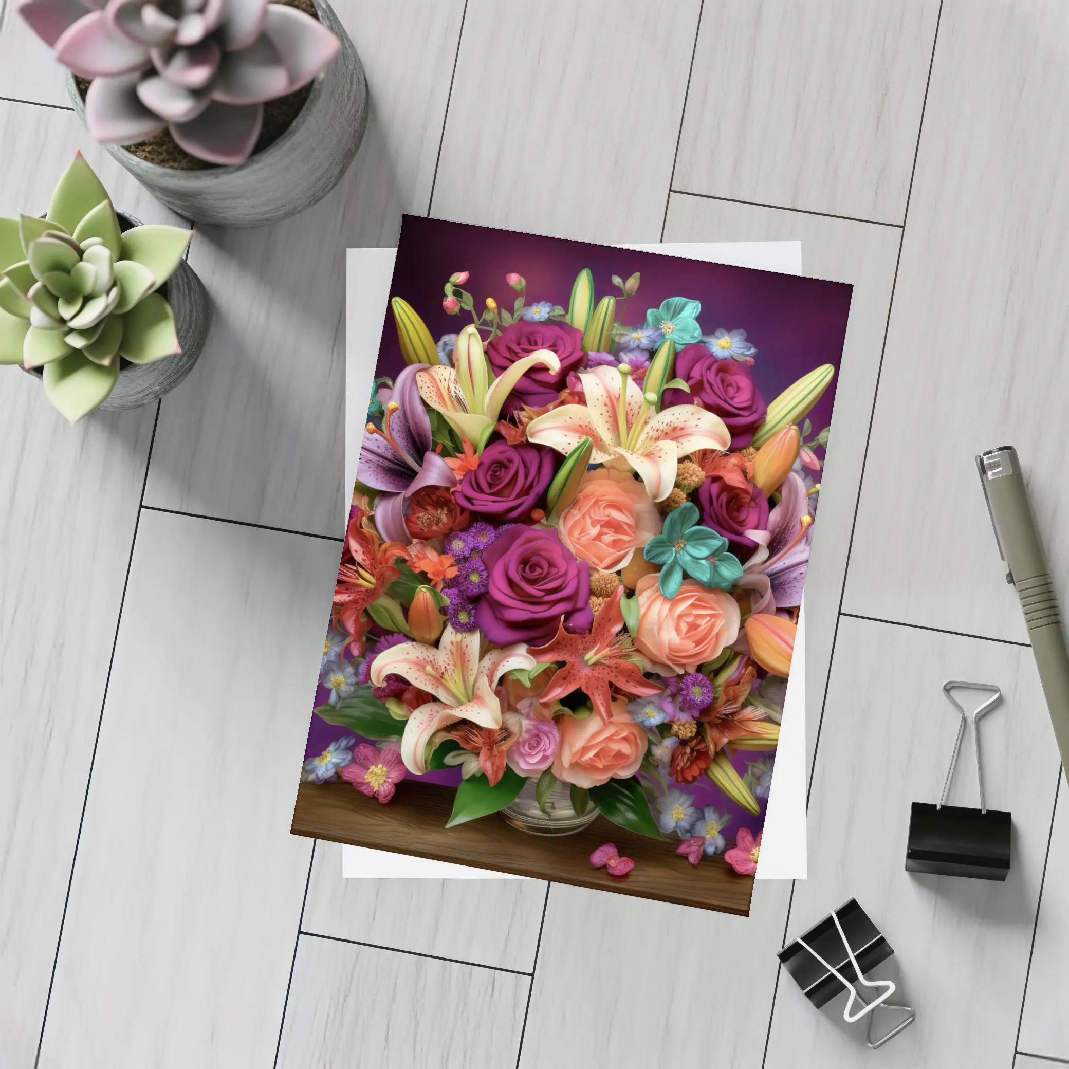 Roses Lilies Mixed Bouquet Dark Purple Background – Postcards