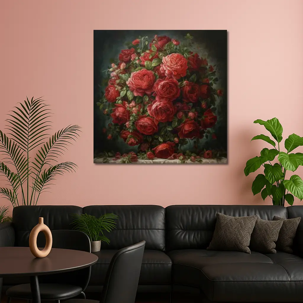 Red Roses Bouquet Dark Moody Painting – Wall Art