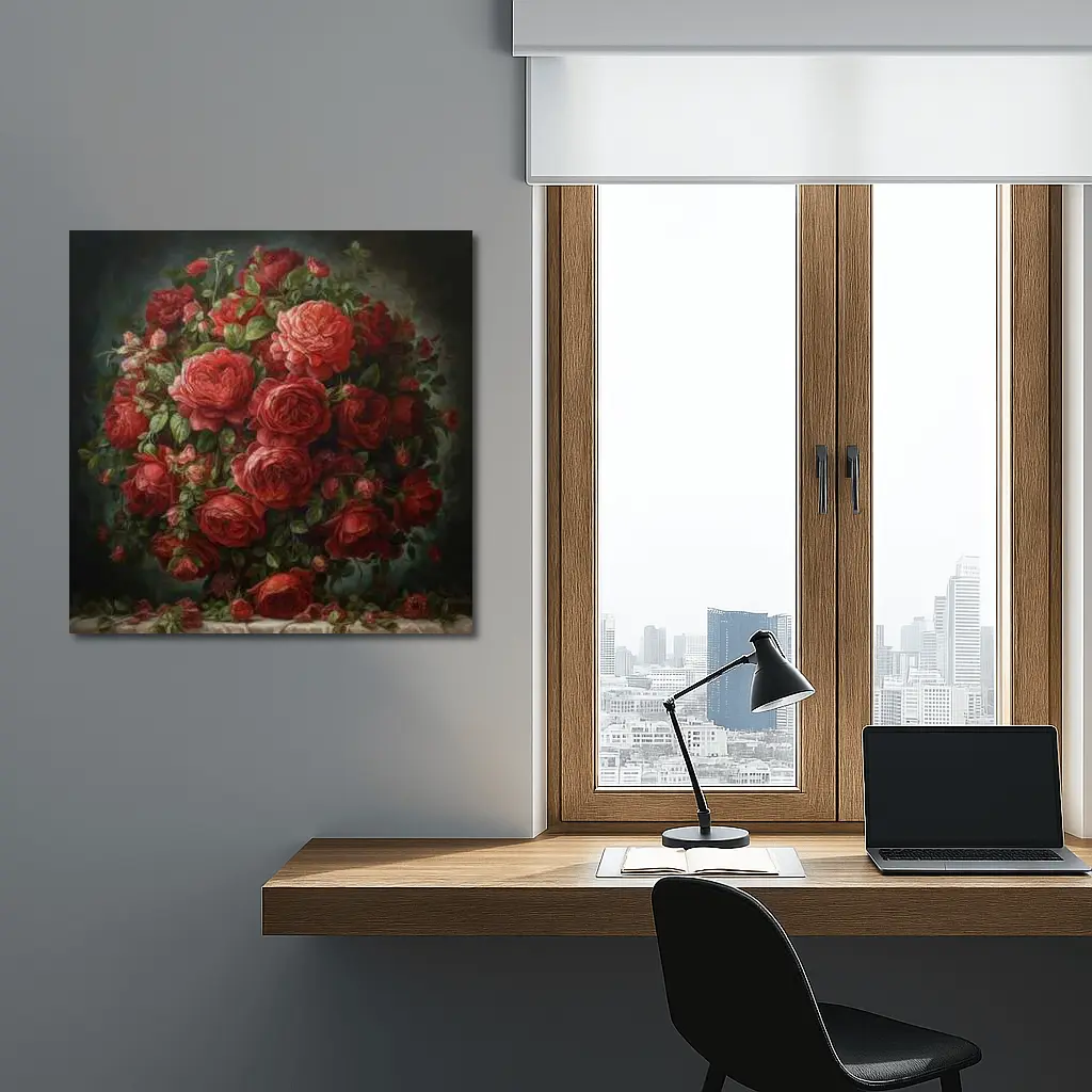 Red Roses Bouquet Dark Moody Painting – Wall Art