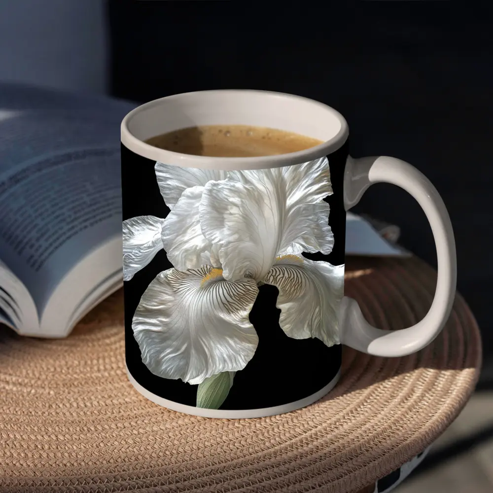 White Iris Flower On Black Background – Mugs