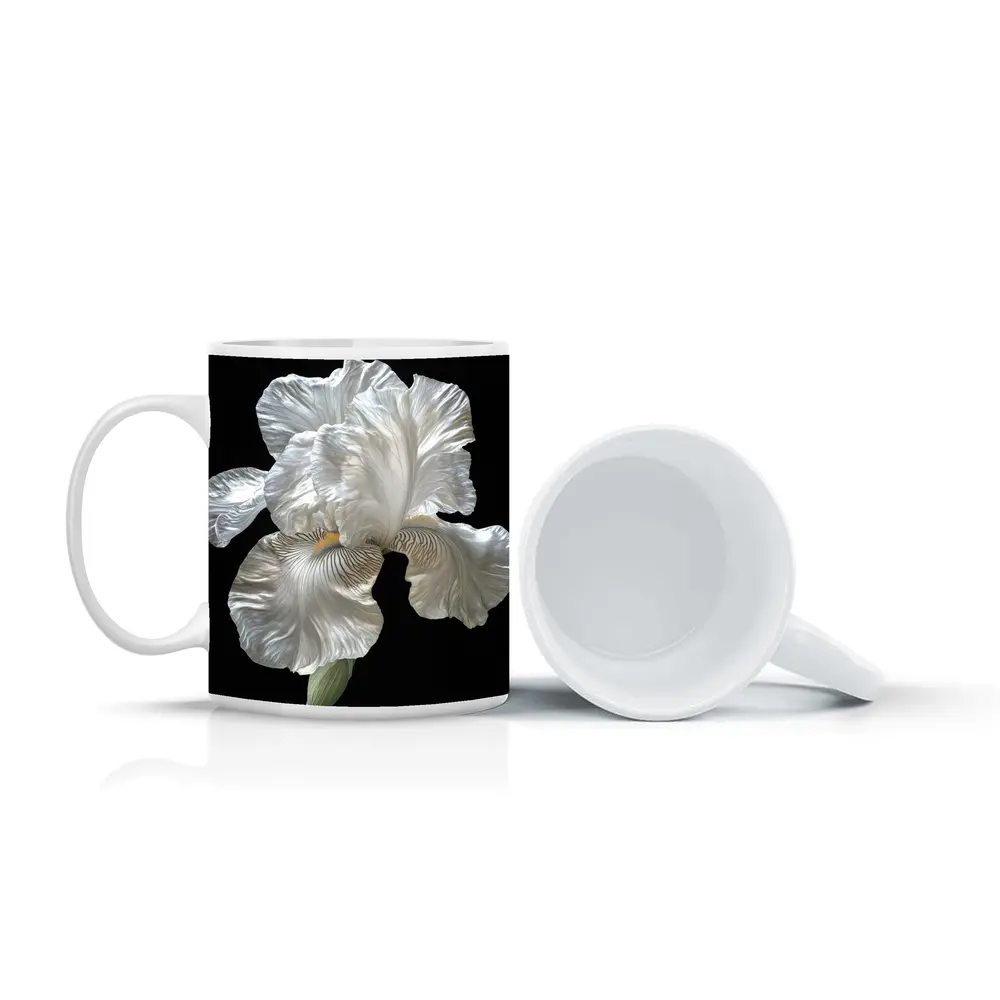 White Iris Flower On Black Background – Mugs