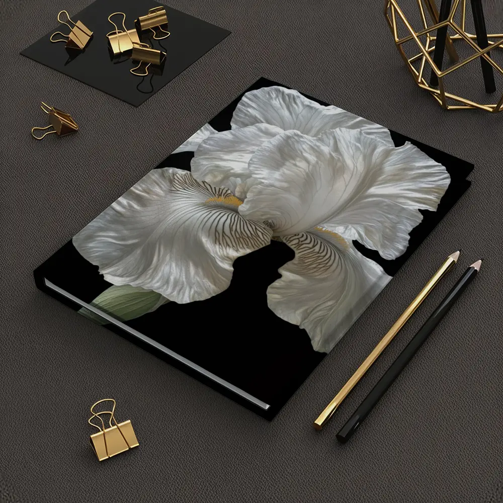 White Iris Flower On Black Background – Notebooks