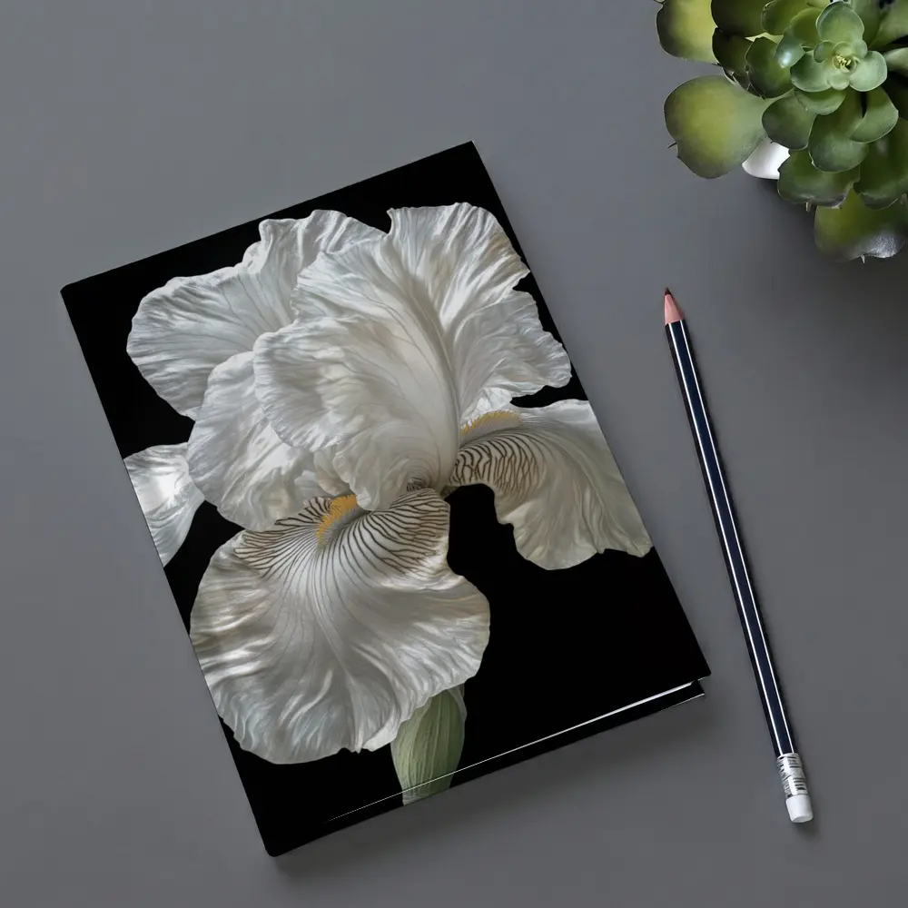 White Iris Flower On Black Background – Notebooks