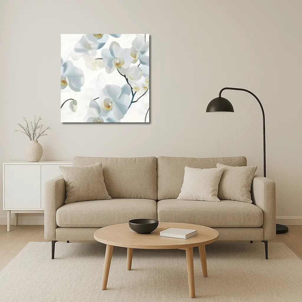 White Orchid Flowers Soft Blue Background – Wall Art