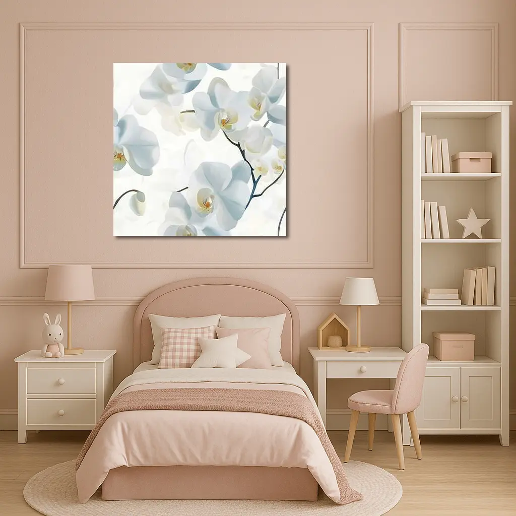 White Orchid Flowers Soft Blue Background – Wall Art