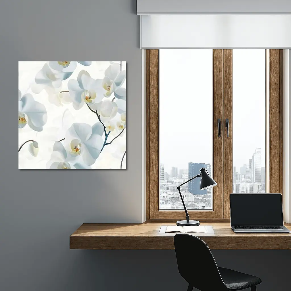 White Orchid Flowers Soft Blue Background – Wall Art
