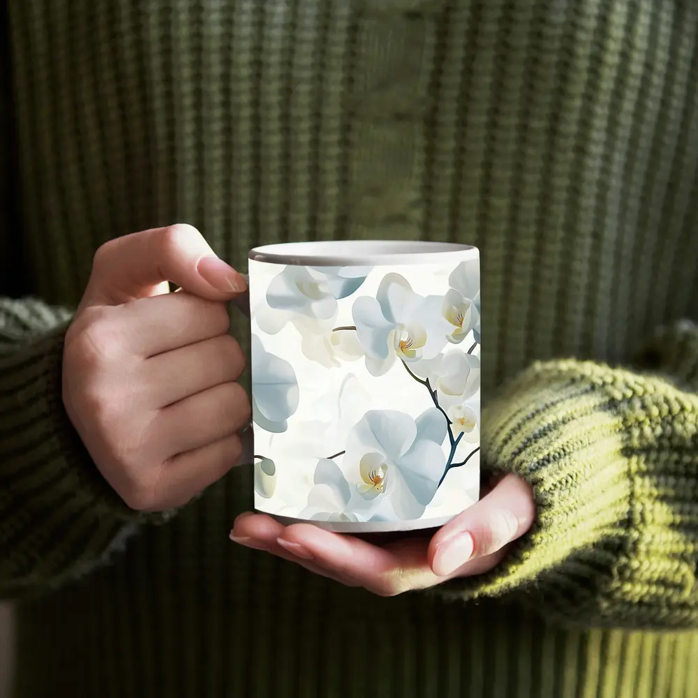 White Orchid Flowers Soft Blue Background – Mugs