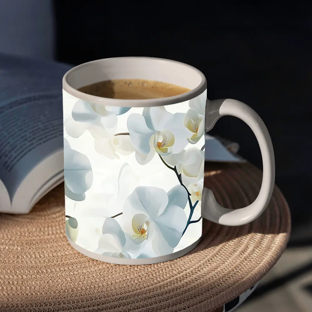 White Orchid Flowers Soft Blue Background – Mugs