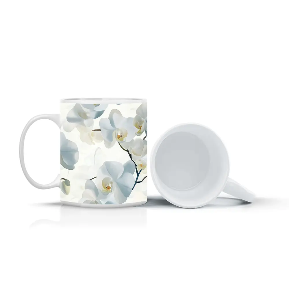 White Orchid Flowers Soft Blue Background – Mugs