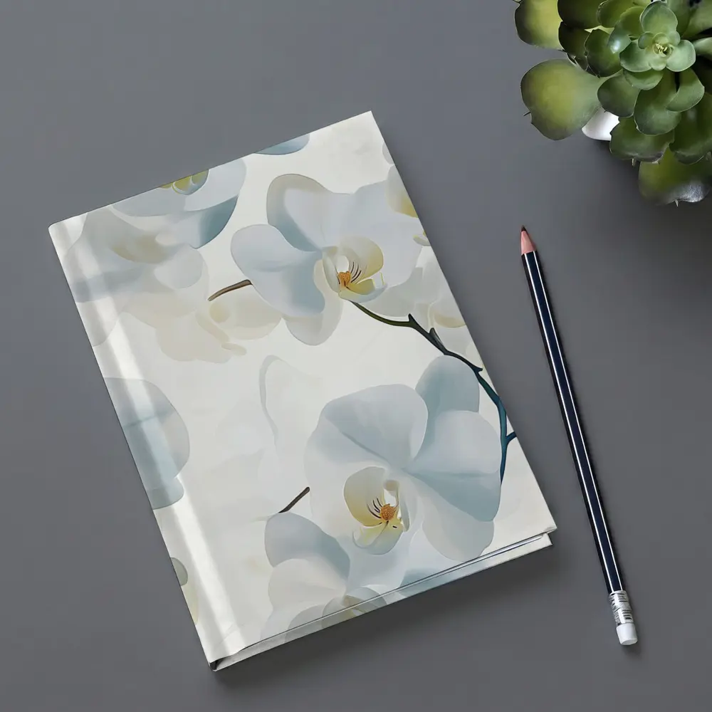 White Orchid Flowers Soft Blue Background – Notebooks