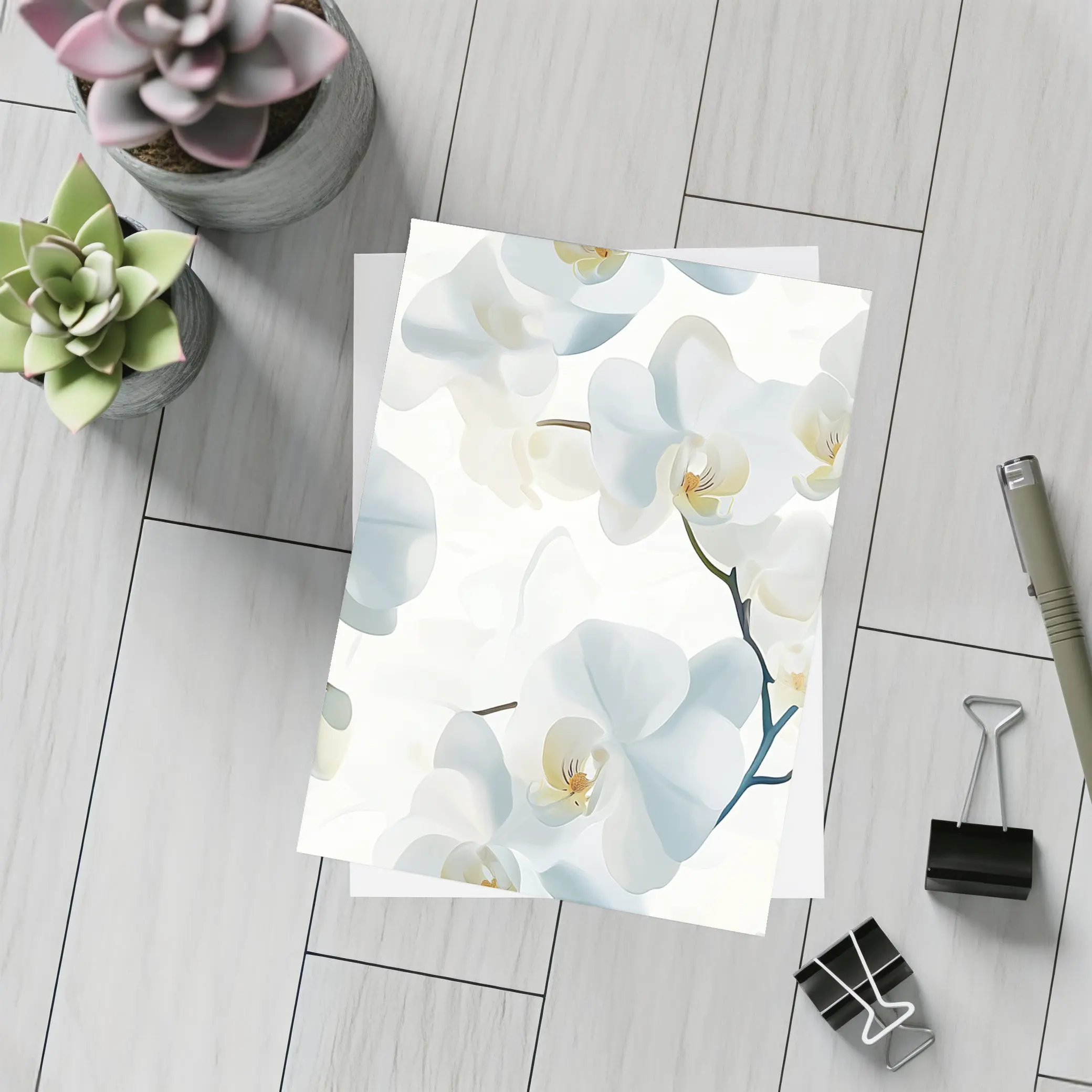 White Orchid Flowers Soft Blue Background – Postcards