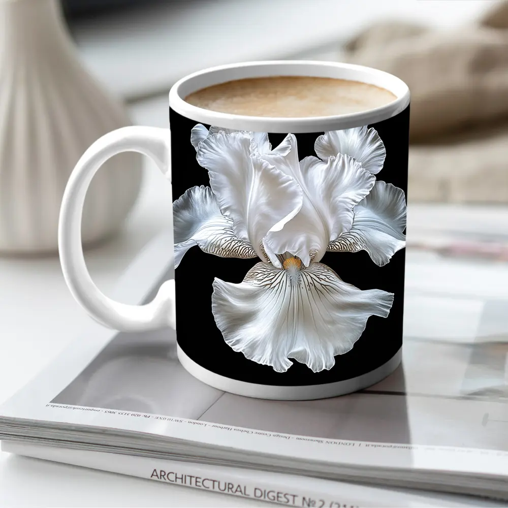 White Iris Flower Black Background Art – Mugs
