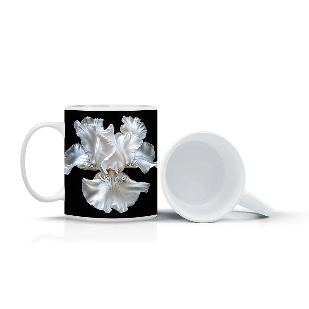 White Iris Flower Black Background Art – Mugs