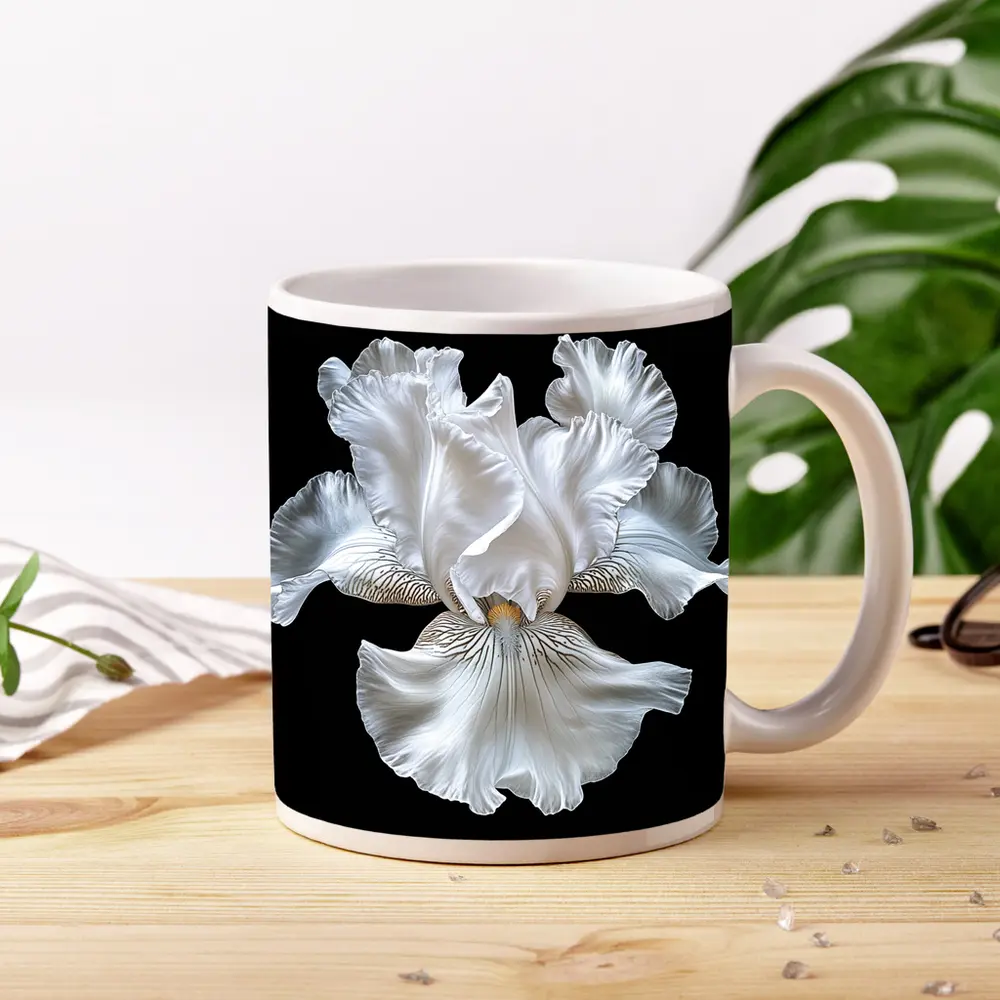White Iris Flower Black Background Art – Mugs