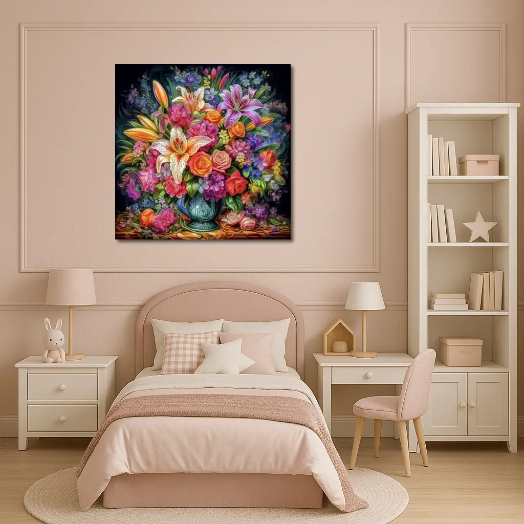 Lilies Roses Mixed Bouquet Dark Background – Wall Art