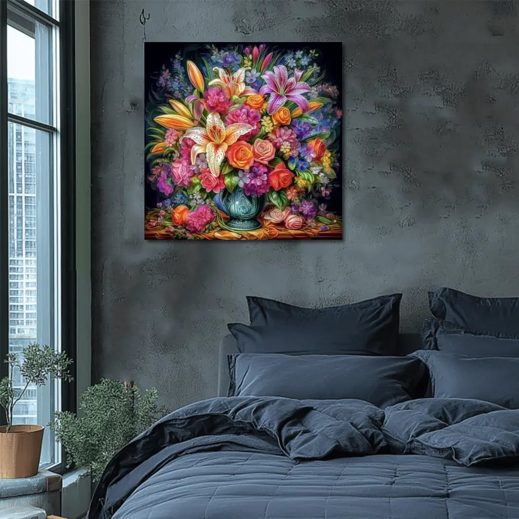 Lilies Roses Mixed Bouquet Dark Background – Wall Art