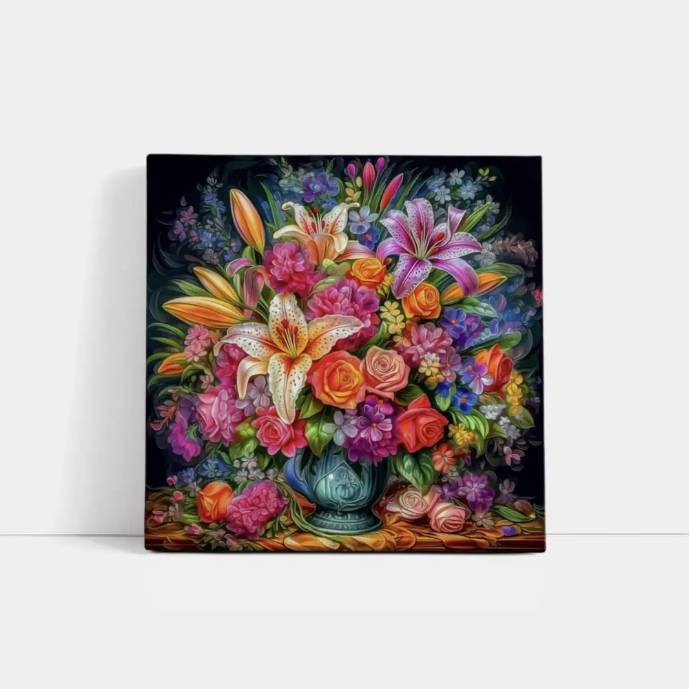 Lilies Roses Mixed Bouquet Dark Background – Wall Art