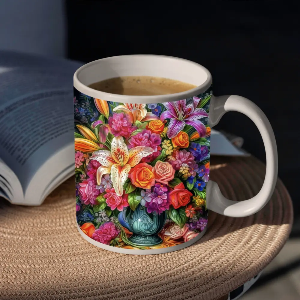 Lilies Roses Mixed Bouquet Dark Background – Mugs