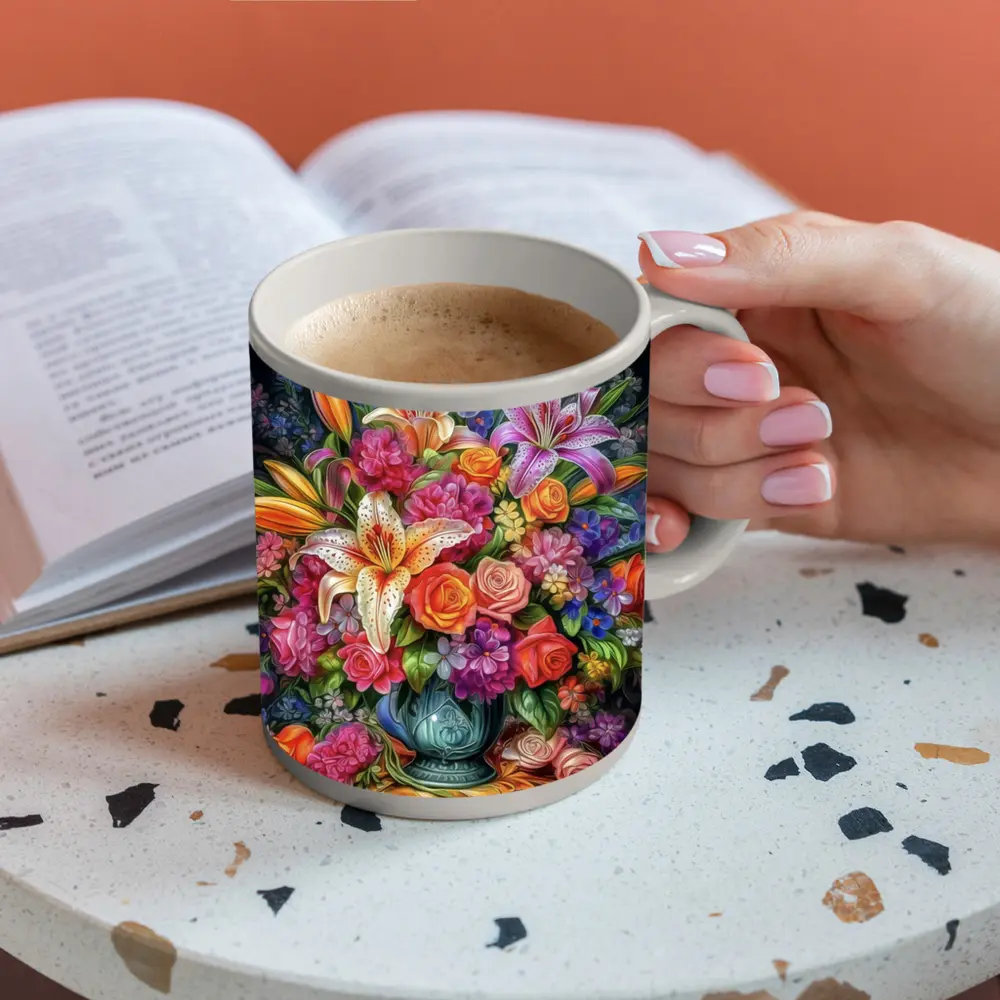 Lilies Roses Mixed Bouquet Dark Background – Mugs