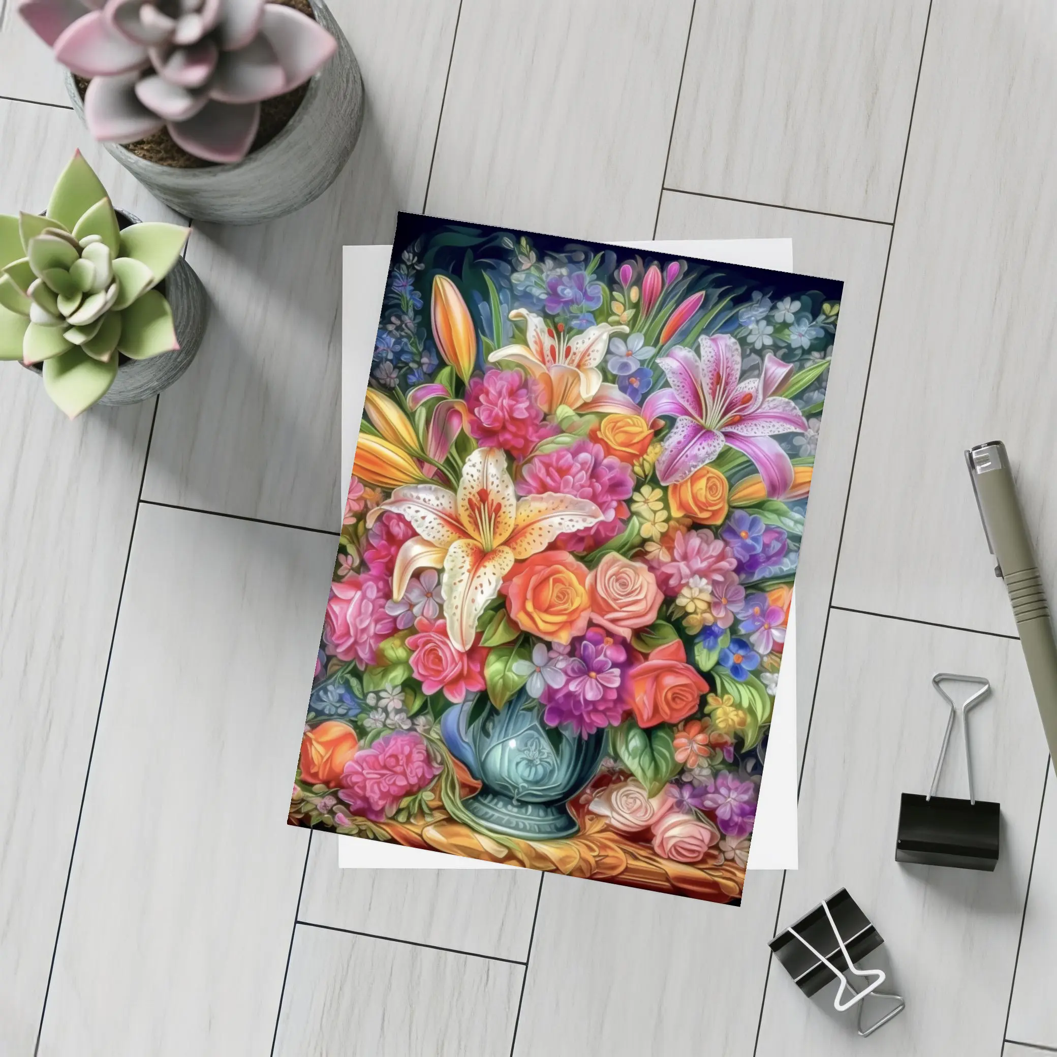 Lilies Roses Mixed Bouquet Dark Background – Postcards