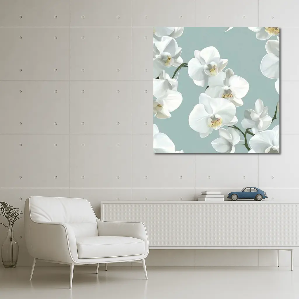 White Orchid Flowers Soft Blue Background – Wall Art