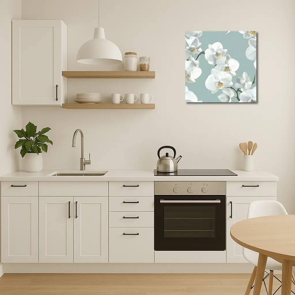 White Orchid Flowers Soft Blue Background – Wall Art