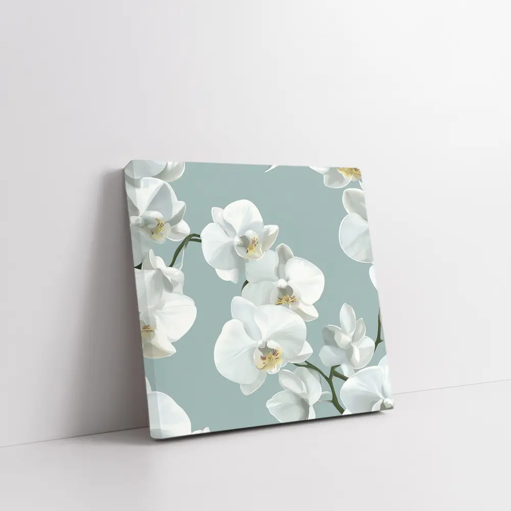 White Orchid Flowers Soft Blue Background – Wall Art