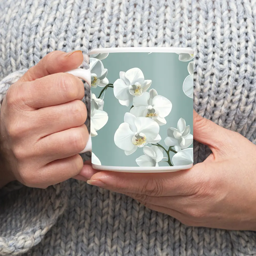 White Orchid Flowers Soft Blue Background – Mugs