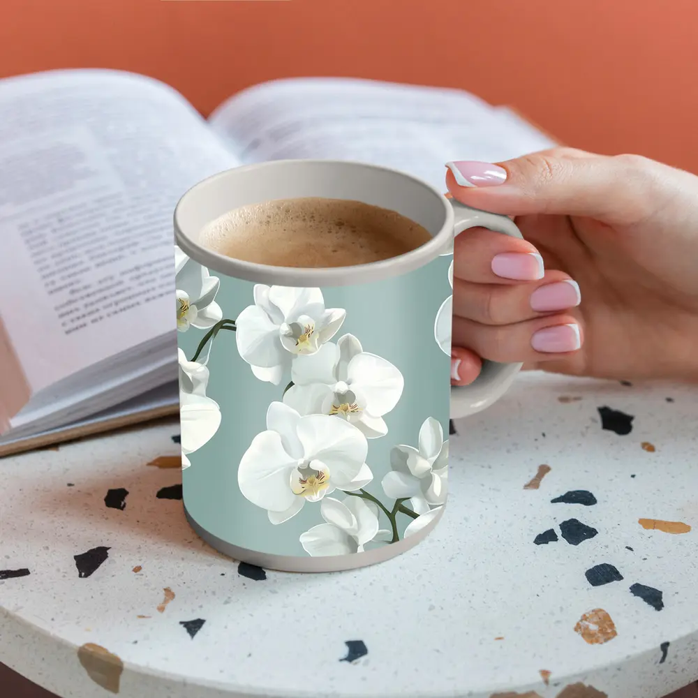 White Orchid Flowers Soft Blue Background – Mugs