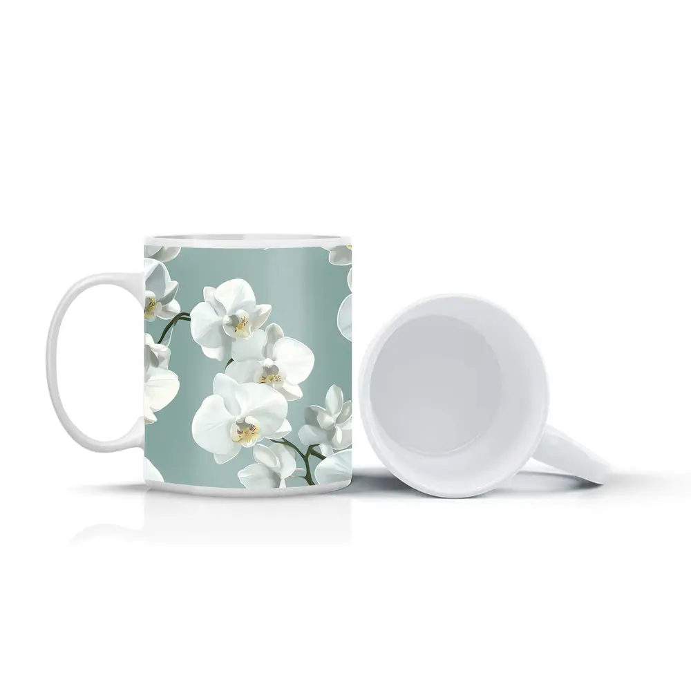 White Orchid Flowers Soft Blue Background – Mugs