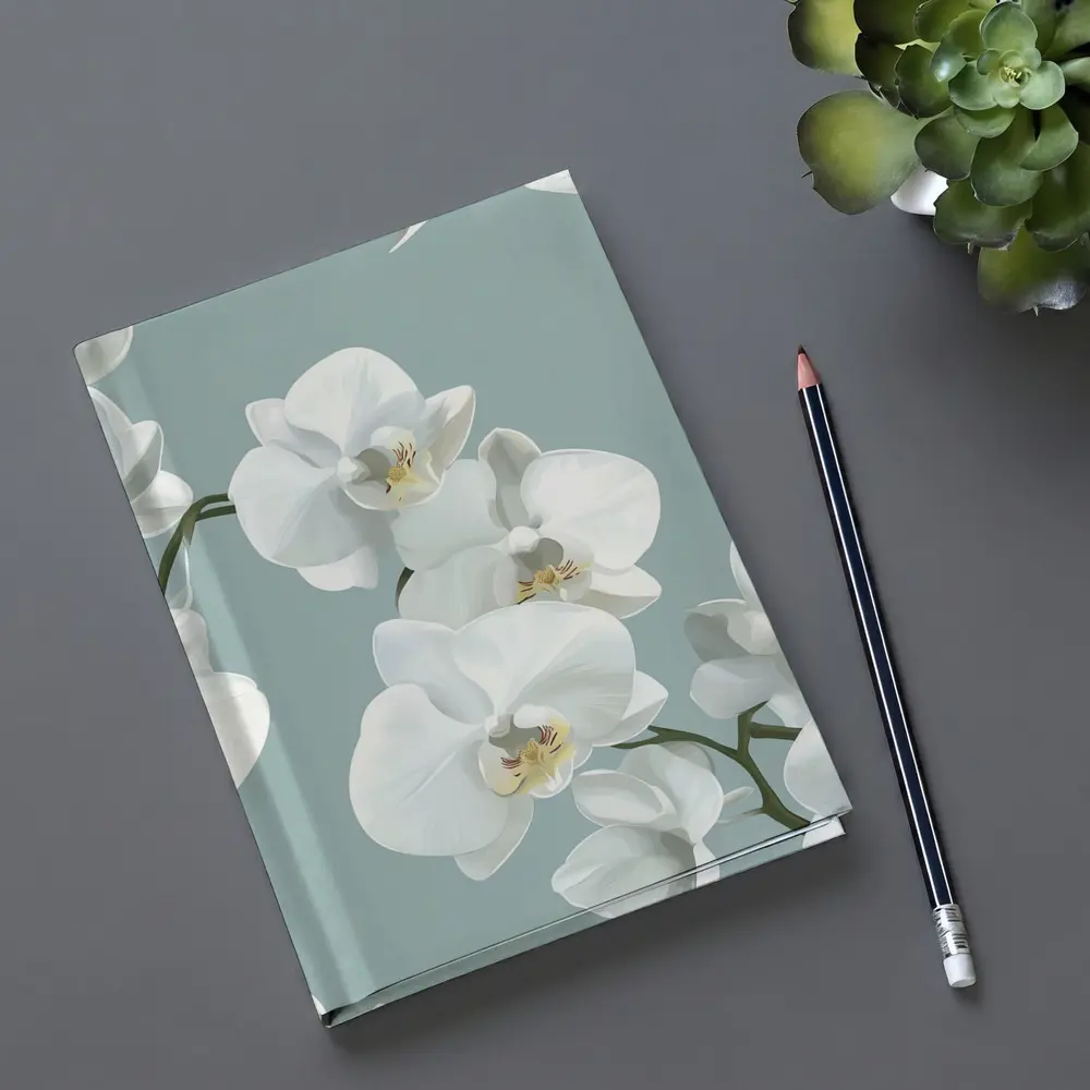 White Orchid Flowers Soft Blue Background – Notebooks