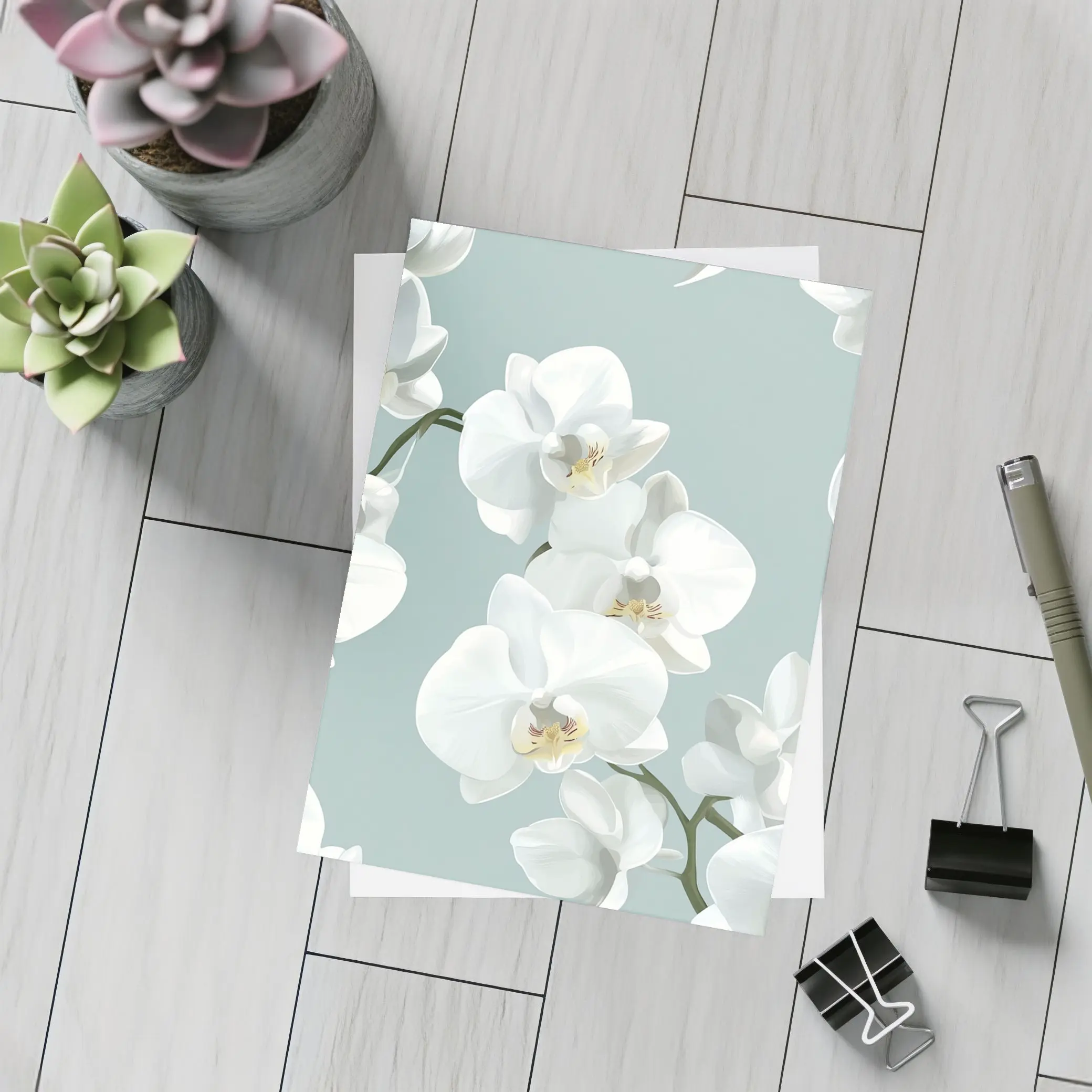 White Orchid Flowers Soft Blue Background – Postcards