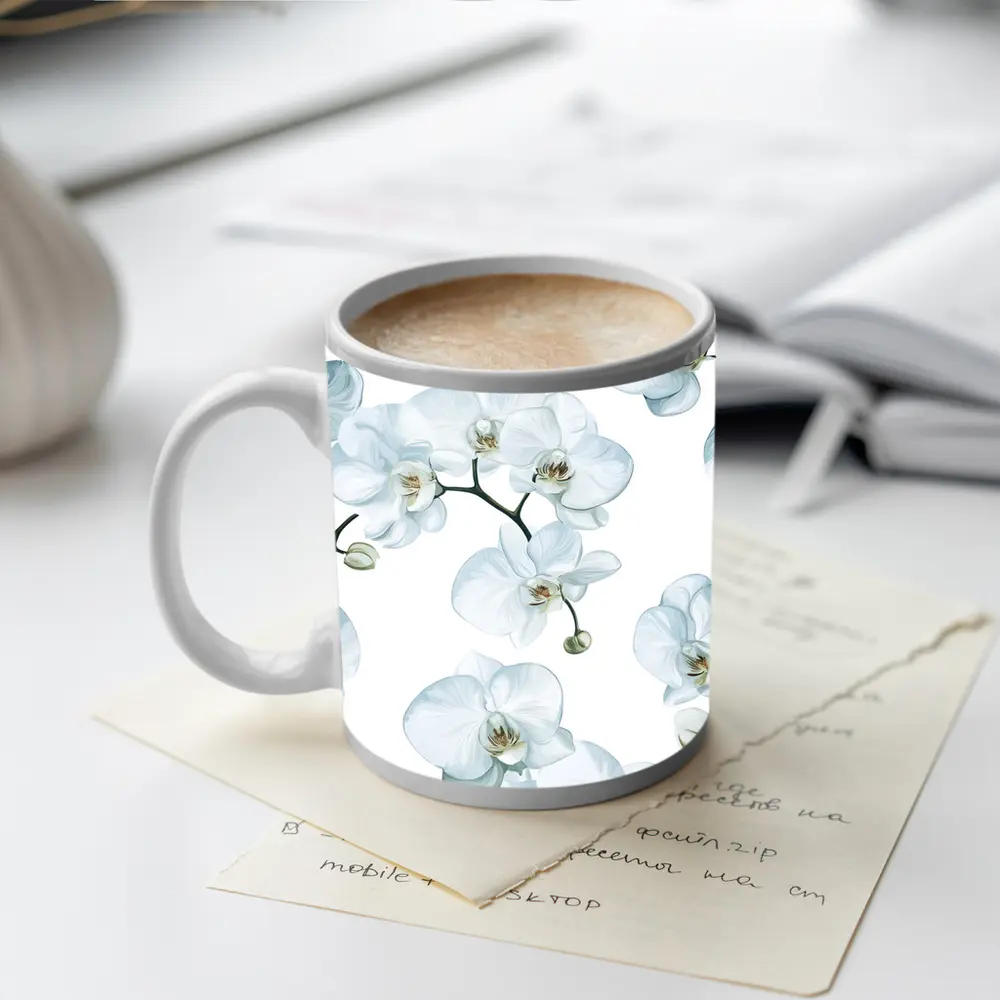 White Orchid Flowers On White Background – Mugs