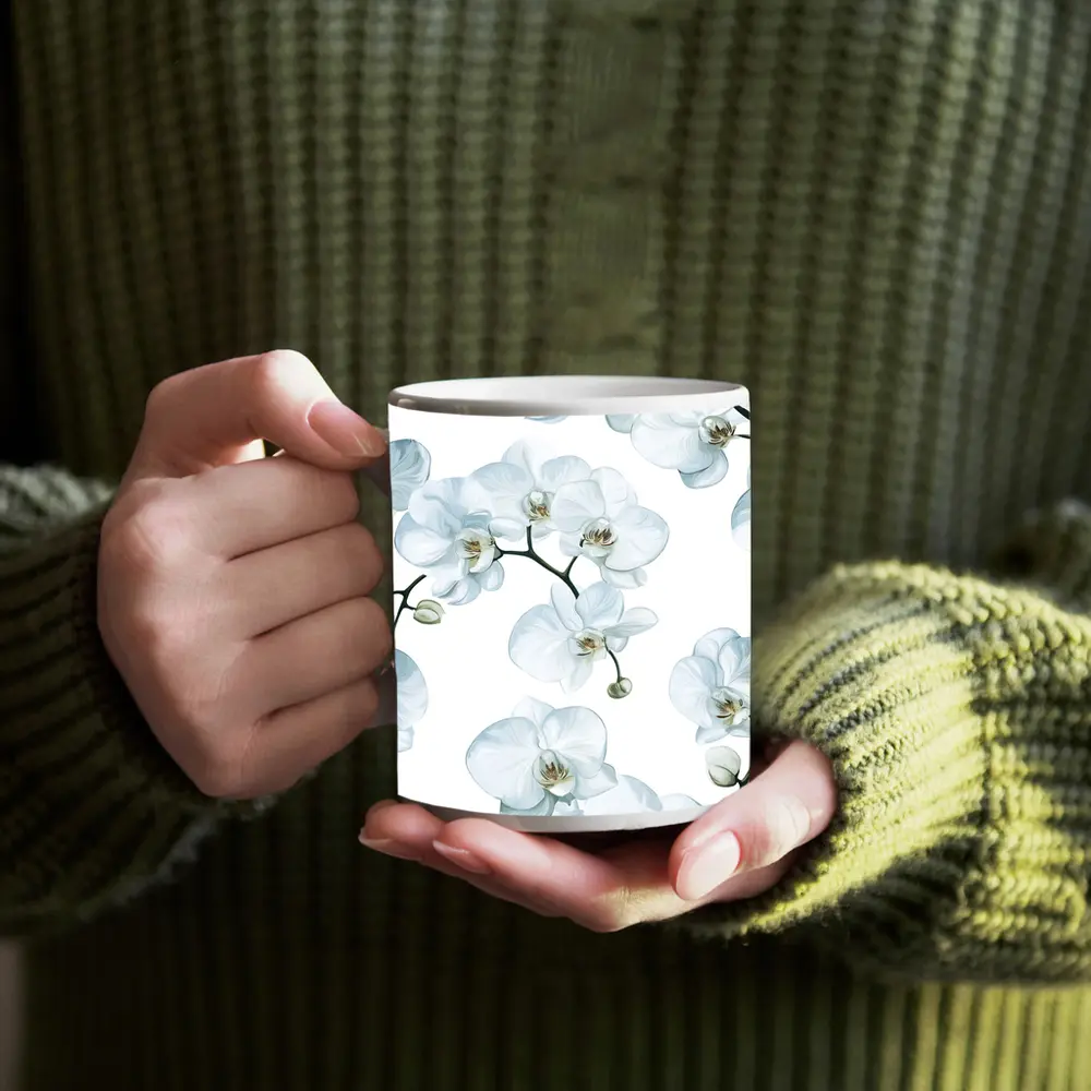 White Orchid Flowers On White Background – Mugs