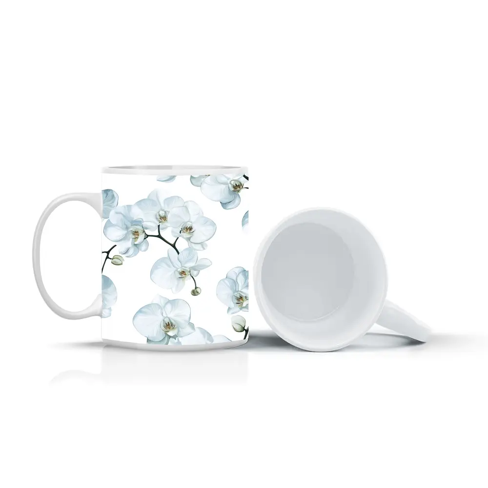 White Orchid Flowers On White Background – Mugs