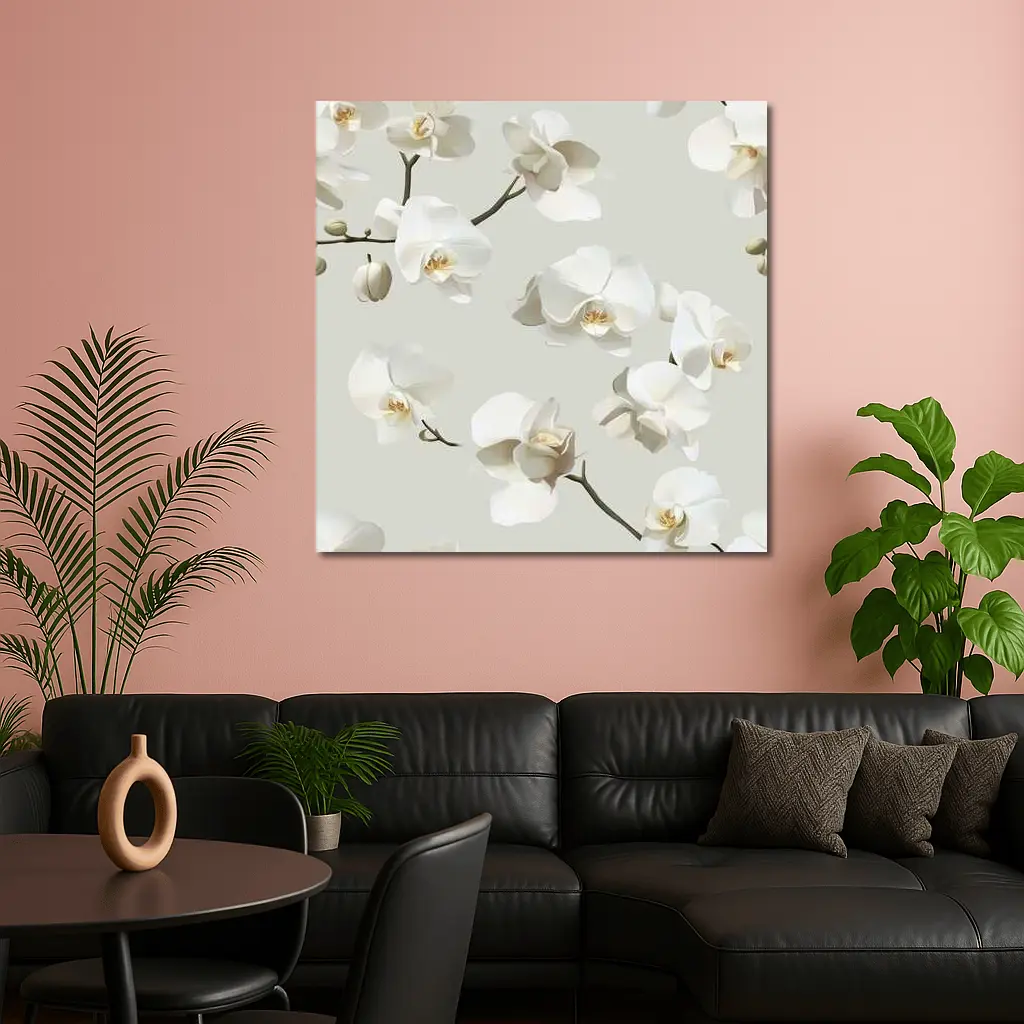 White Orchid Flowers On Beige Background – Wall Art