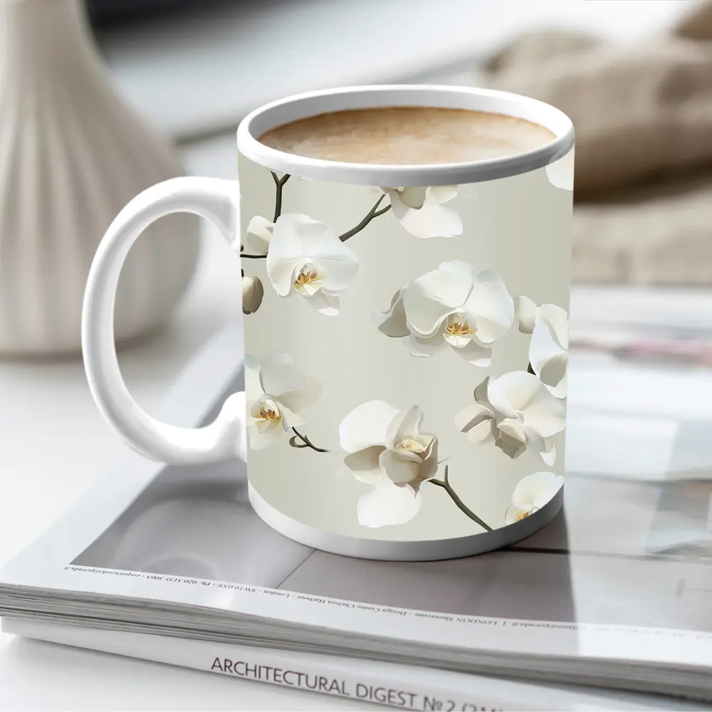 White Orchid Flowers On Beige Background – Mugs